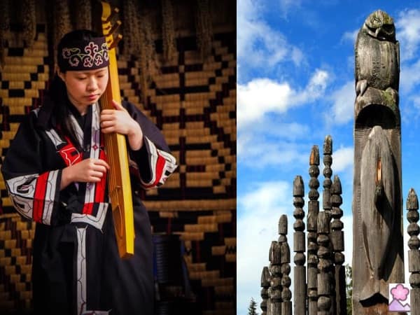 On the left, an Ainu woman plays a traditional stringed instrument. On the right, Ainu totem poles.