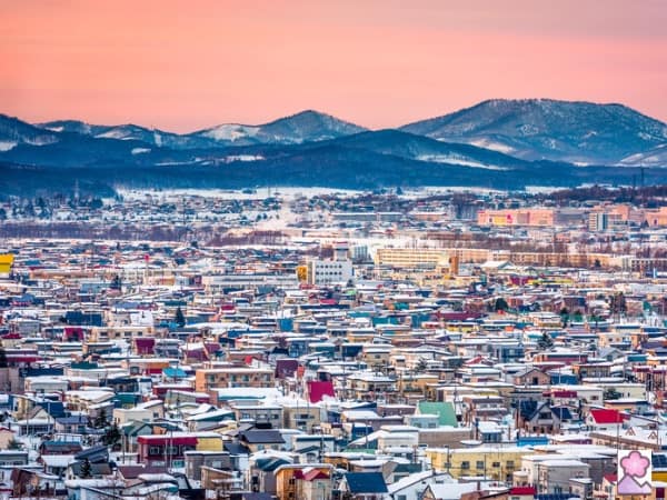 Colorful houses with mountains in the distance.