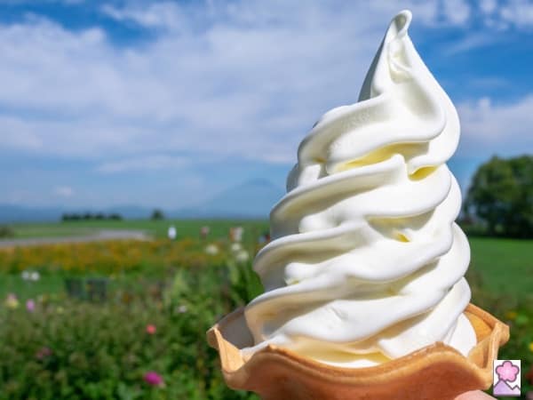Vanilla soft cream in a bowl with a field in the background