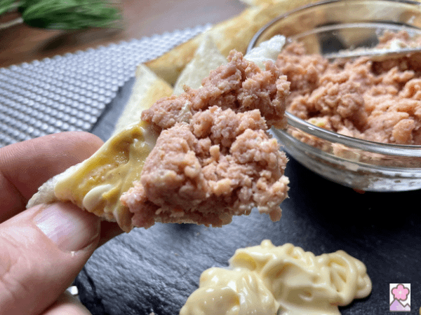 Homestyle Deviled ham on toast held up and ready to eat