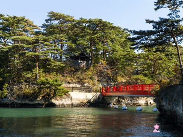 Pine trees and a bridge on the shore of Matsushita Bay