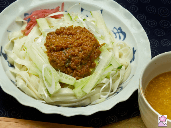 Morioka Jajamen in a bowl topped with bean paste
