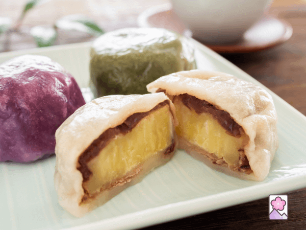 Ikinari Dango with other Wagashi on a square plate