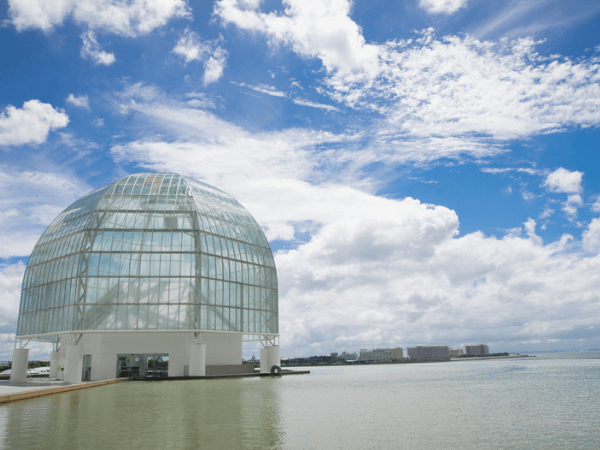 Tokyo Sea Life Park Aquarium is a clear dome shaped building