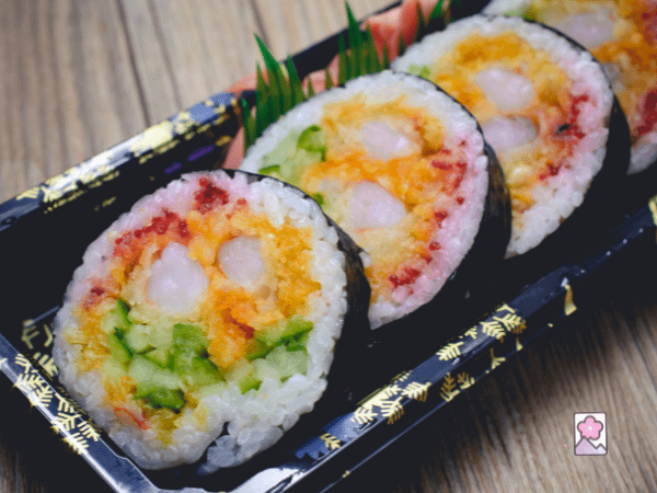 A beautiful and ornate festival sushi roll