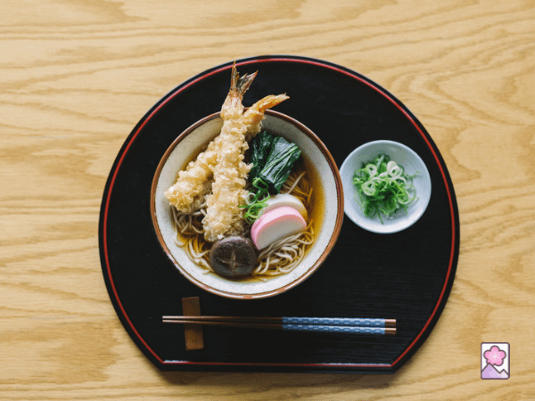 Toshikoshi soba with shrimp tempura and kameboko is a new years tradition