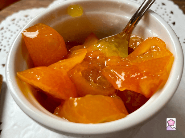 Kumquats in Syrup close up in a ramekin