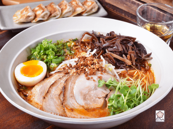 Ramen is served in a bowl with a balance of colors and the ingredients neatly arranged