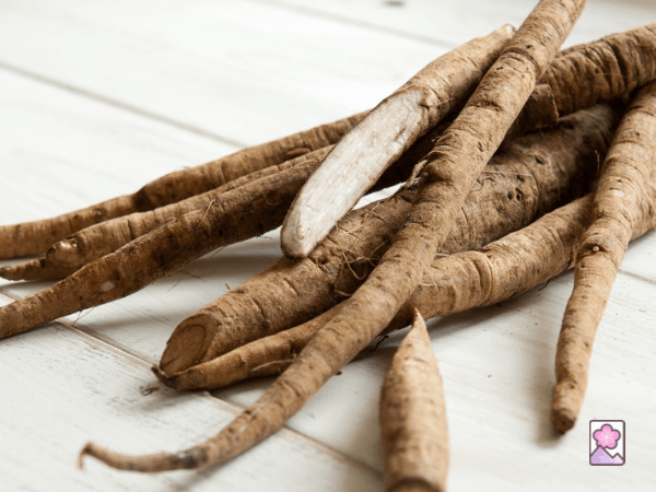 Gobo, burdock root, are long, slender roots. A bunch of gobo roots are laid out on a wooden deck.