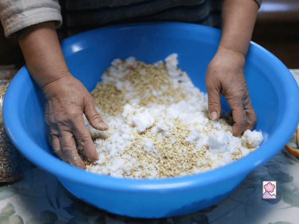 Ingredients being mixed to make miso